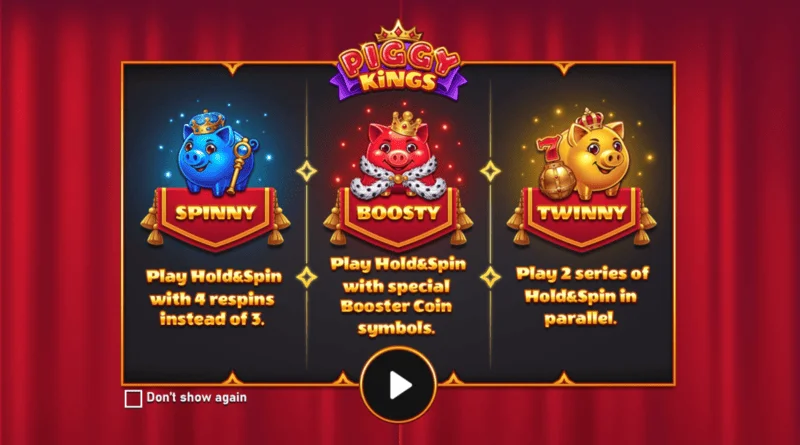 Piggy Kings – pagrindinis ekranas su trimis paršeliais ir būgnais